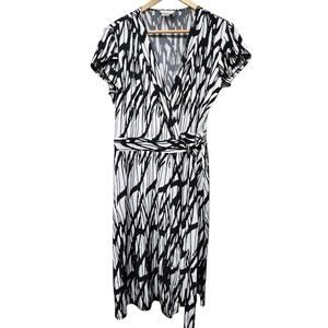 Donna Morgan Black White Print Short Sleeve True Wrap Jersey Knit Dress Size 12